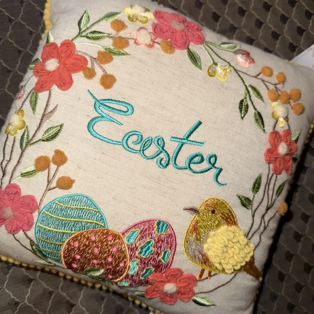 Cottontail Lane Embroidered Easter‎ Egg Bird Floral Accent Throw Pillow 12x12